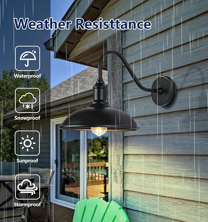 11 Inch Outdoor Gooseneck Barn Light Dusk to Dawn, Classic Black Galvanized + Painted Waterproof and Rustproof Wall | Lumora
