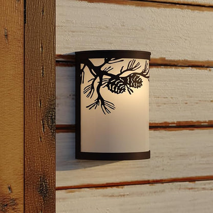 VAXCEL Douglas 1-Light 8 in. Wide Warm Bronze Indoor-Outdoor Rustic Flush Mount Wall Sconce with Pinecone Cutout and Amber Flake Glass Shade, Dimmable, LED Compatible, Bathroom Vanity Lighting Fixture