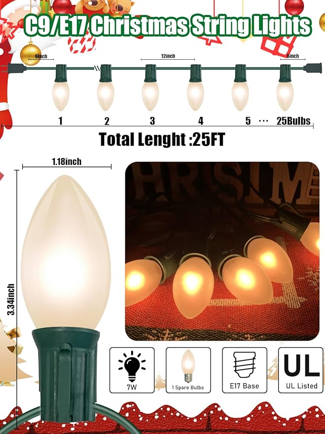 C9 Christmas Lights, 25FT Christmas C9 String Lights with 26 Frosted White Bulbs, Hanging Christmas Decoration Light for Outdoor Patio Party Garden Yard-Green Wire