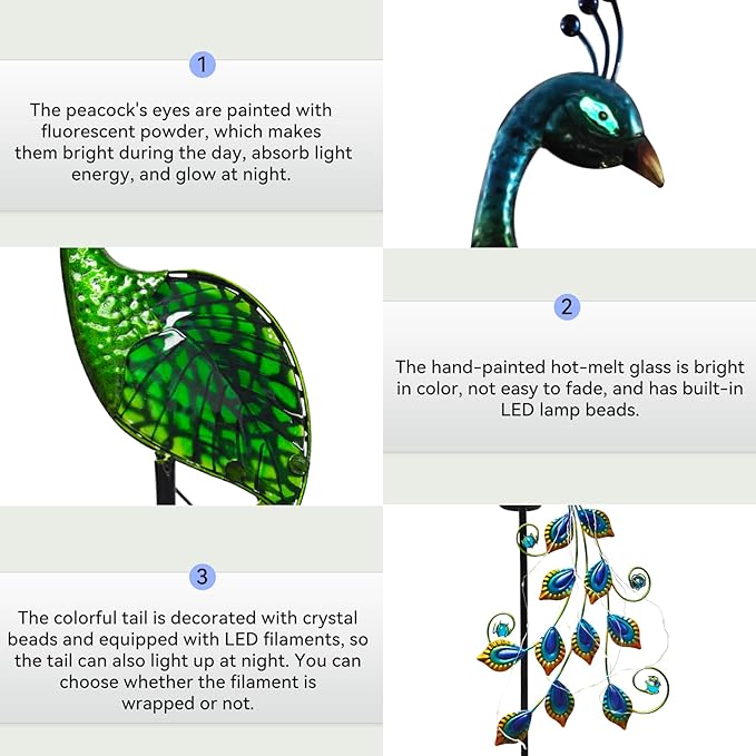 Solar Peacock Garden Stake Lights Outdoor, Waterproof Metal Glass Decorative Landscape Path Lights with Thick Stake Glow in The Dark Eye for Pathway Patio Lawn Yard