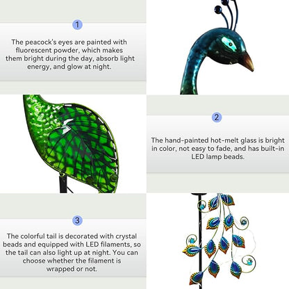 Solar Peacock Garden Stake Lights Outdoor, Waterproof Metal Glass Decorative Landscape Path Lights with Thick Stake Glow in The Dark Eye for Pathway Patio Lawn Yard