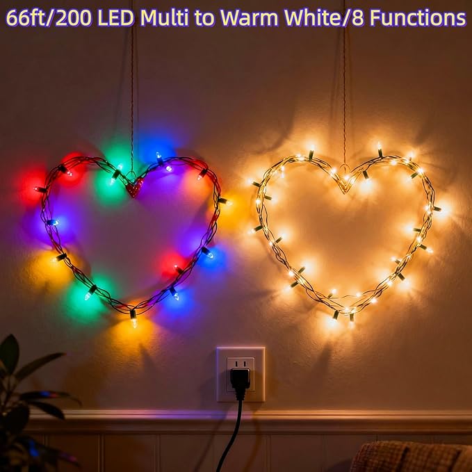 200 LED Color Changing Christmas Lights with Remote - 8 Modes (Warm White to Multicolor), 66ft Green Wire ETL Certified Commercial Grade, Waterproof Indoor/Outdoor for Patio, Trees & Parties.
