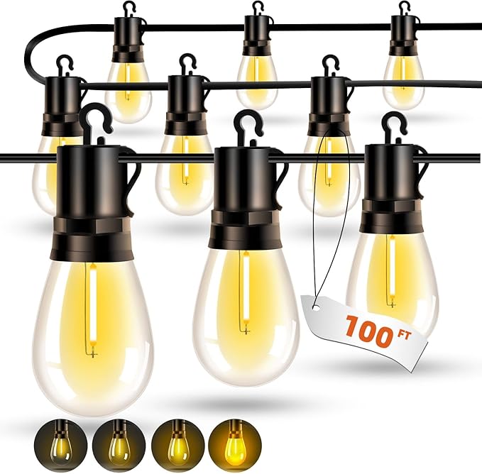Outdoor Patio String Lights 100ft: S14 LED Shatterproof Bulbs 3 Modes Button Control - Waterproof Connectable Hanging Lights - Garden Backyard Yard Gazebo Porch Party Decorative