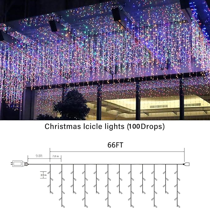 Joomer Christmas Icicle Lights - 66FT String Lights Outdoor Waterproof, 8 Modes Timer Connectable Plug-in String Light for Eaves, Roofs, Christmas Decorations (Multicolor, Non-Connectable)