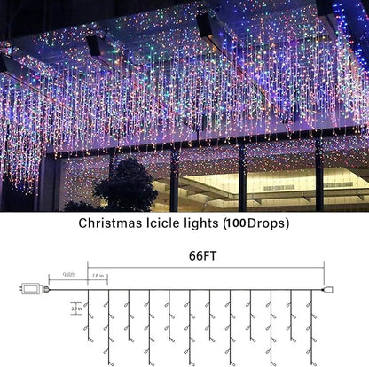Joomer Christmas Icicle Lights - 66FT String Lights Outdoor Waterproof, 8 Modes Timer Connectable Plug-in String Light for Eaves, Roofs, Christmas Decorations (Multicolor, Non-Connectable)