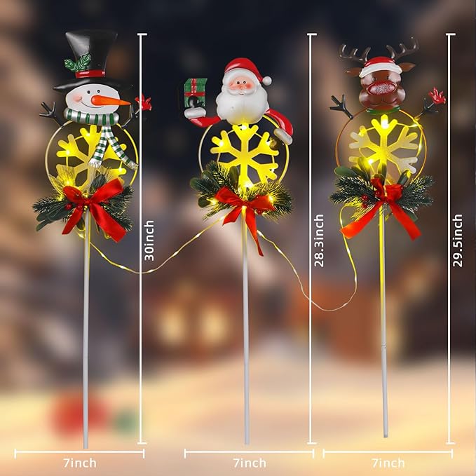 Christmas Yard Stakes Solar with Metal Santa, Snowman & Reindeer Set of 3, Christmas Grave Decorations with Solar | Lumora