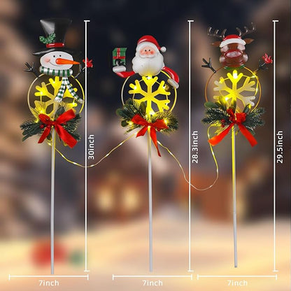 Christmas Yard Stakes Solar with Metal Santa, Snowman & Reindeer Set of 3, Christmas Grave Decorations with Solar String Lights for Outdoor Cemetery, Garden, Pathway, Porch