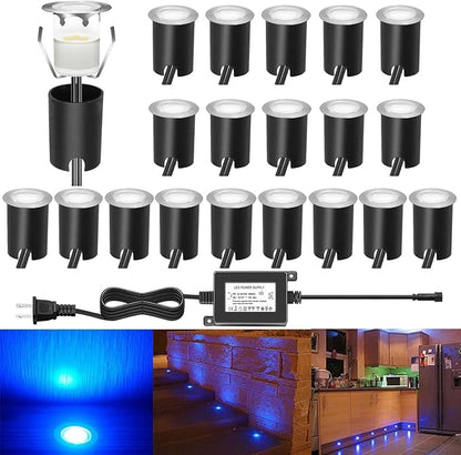 LED Recessed Deck Light Kits with Protecting Shell,LED Outdoor Landscape Lighting IP67 Waterproof,DC 12V Low Voltage for Garden,Yard,Stair,Patio,Kitchen Decoration In Ground(20pcs,Blue)