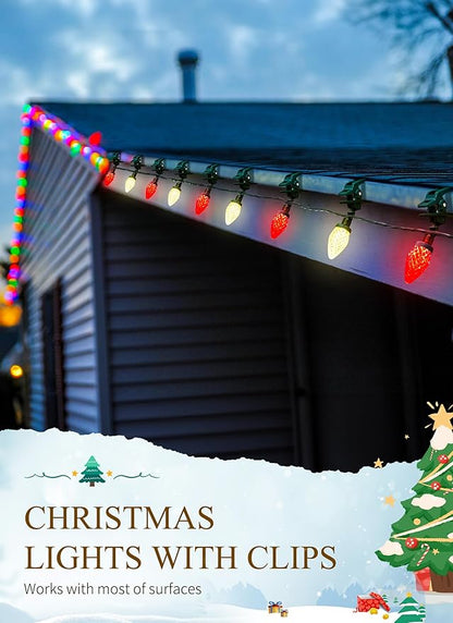 C9 LED Christmas Lights Outdoor, 68 Ft 100 LED Strawberry String Lights With 100 Spring Clamps, Waterproof Commercial Grade Extendable for Outside Roofline Patio Home Xmas Decoration, Red & Warm White