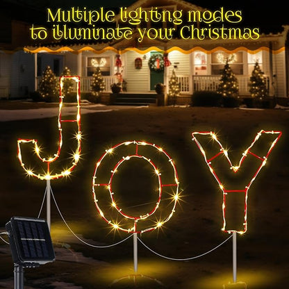 VIHOSE 3 Pcs Solar Christmas Joy Nativity Lighted Decorations Metal Joy Letters Outdoor Solar Stake Christmas Decorations Lighted Sign for Holiday Xmas Yard Garden Church Eve Party Night