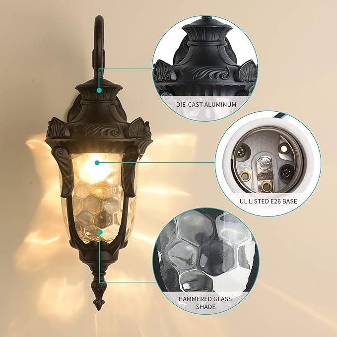 LONEDRUID Outdoor Wall Light Fixtures Black 20.47" H Exterior Wall Lantern Waterproof Sconce Porch Lights Wall Mount with Hammered Glass Shade for House