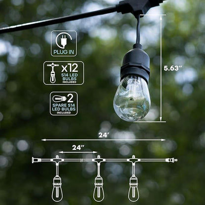 LUXRITE 24FT LED RGBW Outdoor String Lights, Remote Control Color Changing Cafe Lights, Commercial Grade Waterproof, 12 Edison S14 Shatterproof Bulbs, IP65, Dimmable Outside Hanging Lights for Patio