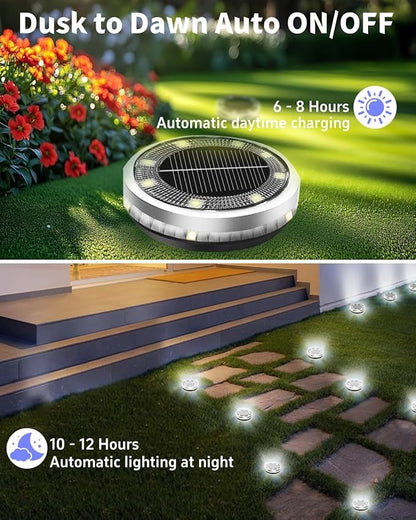 Solar Ground Lights Outdoor 18 Pack Waterproof, Upgraded Solar Garden Lights with 4 Side Light, Stainless Steel Solar Powered Disc Landscape Light for Walkway Lawn Yard Patio Deck-Cool White