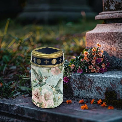 Poceacles Solar Lights Solar Cemetery Lights Solar Grave Lights Outdoor Waterproof Decoration Pathway Lights Garden Solar Candle for Memorial Day Decor, Hummingbird Hibiscus Green, Pack of 2