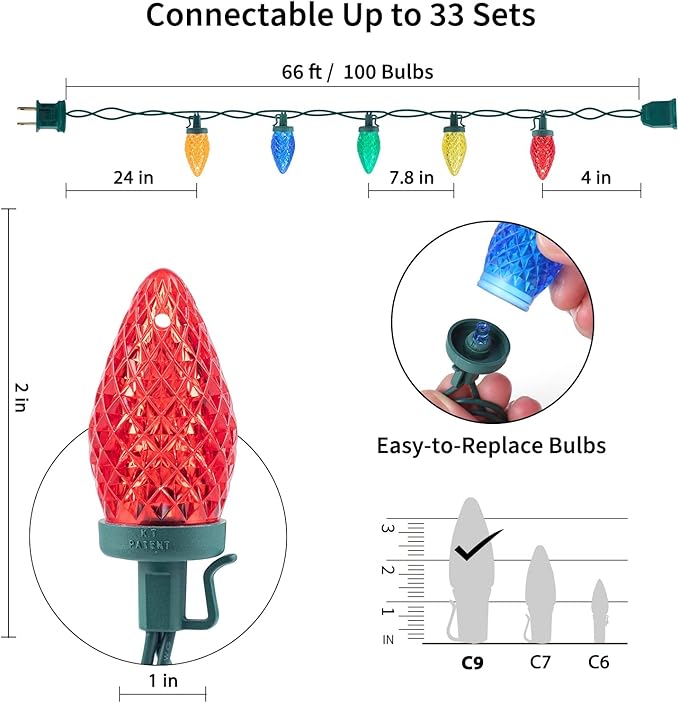 Brightown C9 Christmas String Lights Multicolor, 66ft 100 LED Faceted Christmas Lights on Green Wire, Plug-in Large | Lumora