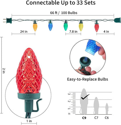 Brightown C9 Christmas String Lights Multicolor, 66ft 100 LED Faceted Christmas Lights on Green Wire, Plug-in Large Bulb Strawberry String Lights for House Roof Roofline Christmas Tree Party Outdoor