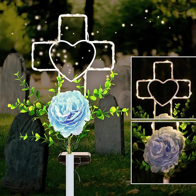 16 Inch Solar Cross Garden Stake Lights with 1 Artificial Flower Metal Garden Art for Patio Lawn Garden Decor Solar | Lumora