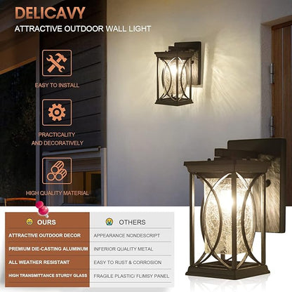 Dusk to Dawn Outdoor Wall Lanterns Small Modern Exterior Light Fixture Aluminum with Crack-Like Glass, UL and IP65 Waterproof Wall Sconce Outdoor Wall Light for Porch, Garage, Front Door, Black