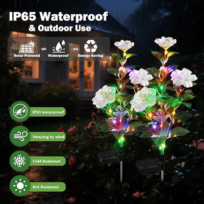 Solar Flower Lights, Multi-Color Changing Gardenia Lights, Solar Flowers Outdoor Waterproof, Solar Powered Garden Decor for Patio Yard Pathway Decoration(2 Pack)