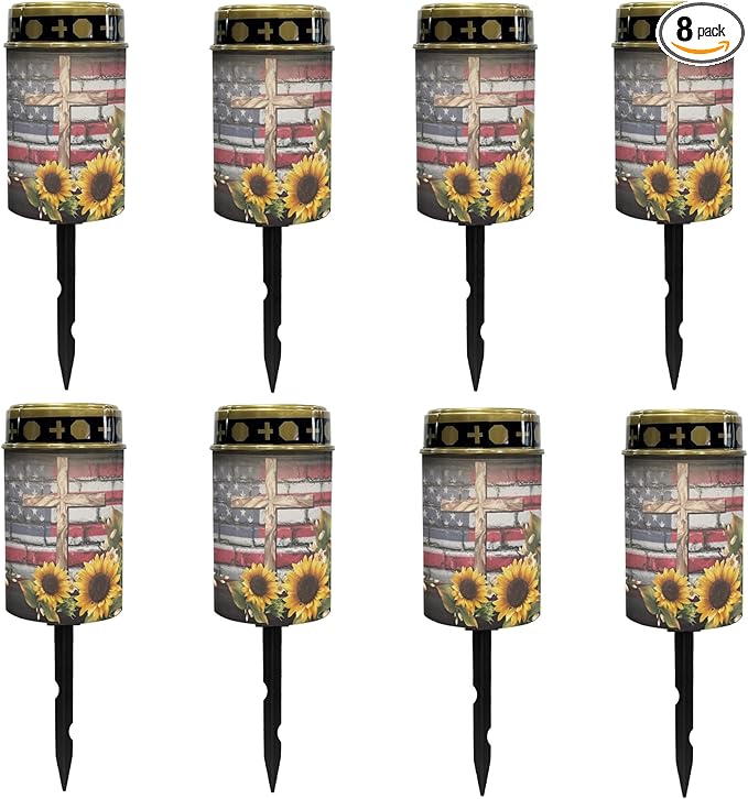 US Flag-Cross-Sunflower Solar Garden Lights Outdoor LED Lantern Pathway Stake Lights Solar Waterproof Solar-Powered Fairy Lights for Outside Landscape Lighting,Wall Light Auto On/Off