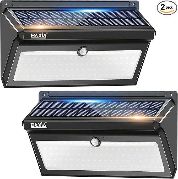 BAXIA TECHNOLOGY Solar Lights Outdoor Waterproof, 100 LED Solar Motion Sensor Lights with Wide Angle Super Bright Security Solar Wall Lights for Garden, Fence, Front Door, Yard, [2 Pack]
