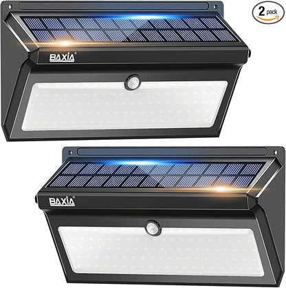 BAXIA TECHNOLOGY Solar Lights Outdoor Waterproof, 100 LED Solar Motion Sensor Lights with Wide Angle Super Bright Security Solar Wall Lights for Garden, Fence, Front Door, Yard, [2 Pack]