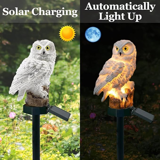 Owl Figure Solar LED Lights, Resin Garden Waterproof owl Figurine with Stake for Outdoor Yard Pathway. (White) | Lumora