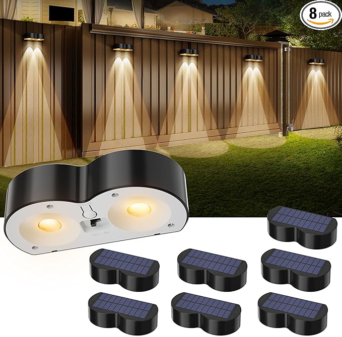 Upgraded Solar Fence Lights Outdoor 8 Pack with Spot Lensed, Warm White, Cold White & RGB 8 Fixed Colors Bright Fence Lights, Waterproof Color Glow Lights for Fence Wall Step Deck Railing Patio