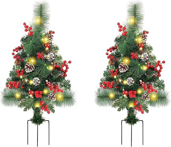 Prelit Artificial Christmas Trees Lights 17.2 Inch Solar Christmas Tree Pathway Lights with Stake Red Berries Pinecones Waterproof Xmas Urn Filler Solar Stake Lights Garden Decor(2Pcs Battery Powered)