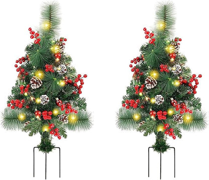 Prelit Artificial Christmas Trees Lights 17.2 Inch Solar Christmas Tree Pathway Lights with Stake Red Berries Pinecones Waterproof Xmas Urn Filler Solar Stake Lights Garden Decor(2Pcs Battery Powered)