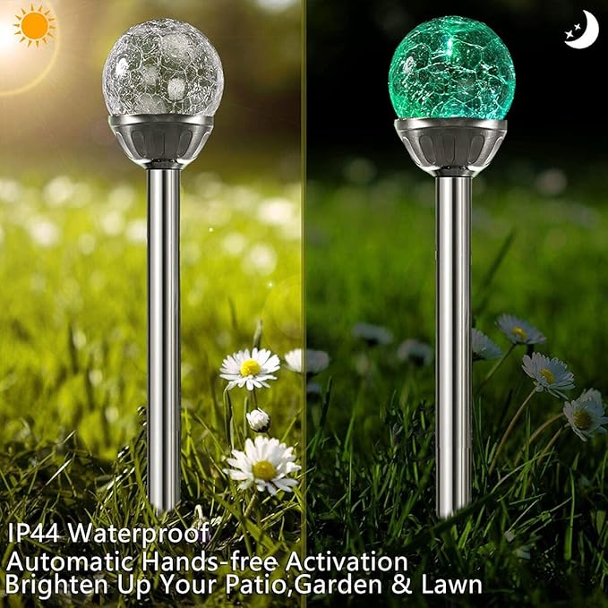 4Pack Solar Glass Crackle Ball Pathway Light Outdoor Waterproof Solar Garden Path Lights Landscape Lighting Decoration (Multi-Colored)