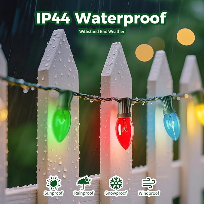 Minetom C9 Bulb String Lights Outdoor 100 Feet Multicolored Christmas Lights Green Wire for Outdoor Patio Room Christmas Tree Party Backyard Xmas Decoration, E17 Base, 100+4 Bulbs, Not Connectable