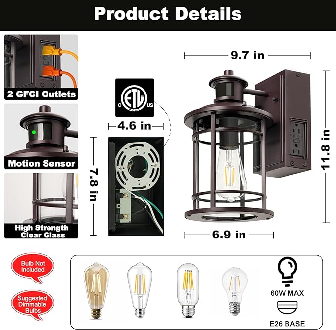 OKELI Retro Industrial Brown Outdoor Wall Lights with GFCI Outlet - Dusk to Dawn & Motion Sensor Porch Light, 3 Modes, Waterproof Anti-Rust Exterior Sconce for Porch,Garage, Patio, House