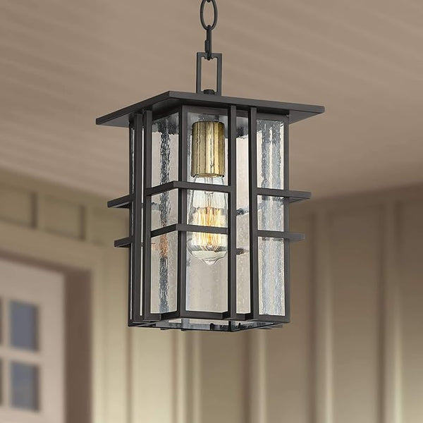 Possini Euro Design Arley Modern Outdoor Hanging Ceiling Light Fixture Black Geometric Frame 12 1/2" Seedy Glass | Lumora
