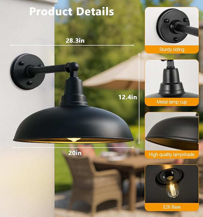 Large 20" Outdoor Gooseneck Barn Lights - Black Wall Mount, Weatherproof and Rustproof, Classic Farmhouse Style for Warehouse, Porch or Barn - 2 Pack
