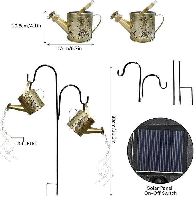 DDQ Solar Watering Can Lights, Warm White/Color LED with Shepherd Hook, IP65 Waterproof Metal Garden Decor, Auto | Lumora