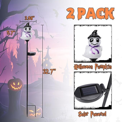 Bshine 2 Pack Halloween Ghost Solar Lights Hand Blown Glass Waterproof Outdoor Halloween Decorations Solar LED Decor