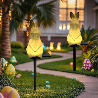 2 Pack Solar Easter Bunny Lights Outdoor, Waterproof Solar Easter Decorations Outdoor Bunny Rabbit Light Easters Yard Stakes Lights for Outside Lawn Walkway Patio (Blending Colors)