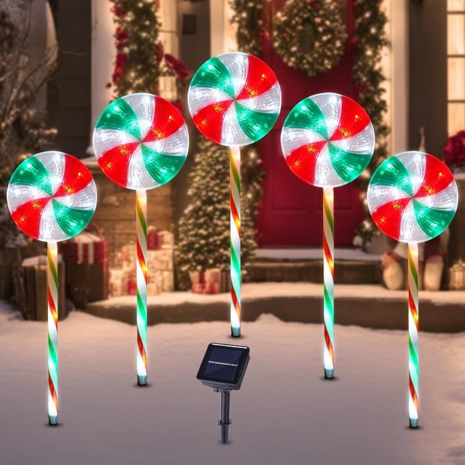 BRIGHTDECK Lollipop Solar Christmas Pathway Lights Outdoor, 5 Pack LED Christmas Decor with 8 Lighting Modes, Light Up Solar Stake Lights for Holiday, Xmas, Walkway, Sidewalk (RedGreen, 5 PCS)
