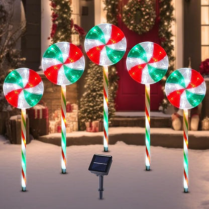 BRIGHTDECK Lollipop Solar Christmas Pathway Lights Outdoor, 5 Pack LED Christmas Decor with 8 Lighting Modes, Light Up Solar Stake Lights for Holiday, Xmas, Walkway, Sidewalk (RedGreen, 5 PCS)