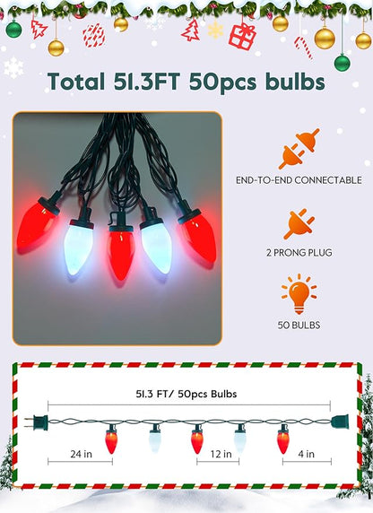 Moonflor C9 LED Christmas Lights Outdoor, 50 Feet 50 LED Strawberry String Lights with 50 Spring Clamps, Waterproof Commercial Grade Extendable for Indoor Outdoor,Red and Pure White