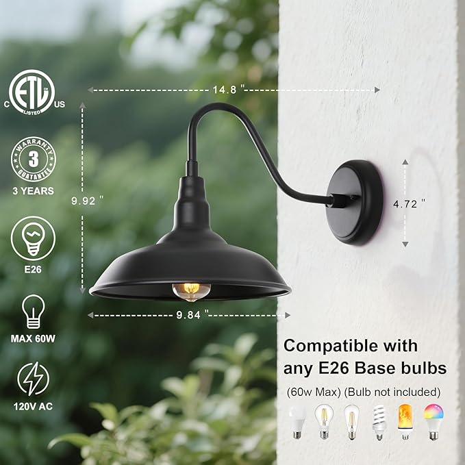 Black Gooseneck Barn Light for Farmhouse 10 Inch Dome Exterior Lights Fixture with Wall Mount, Outdoor Wall Sconce | Lumora