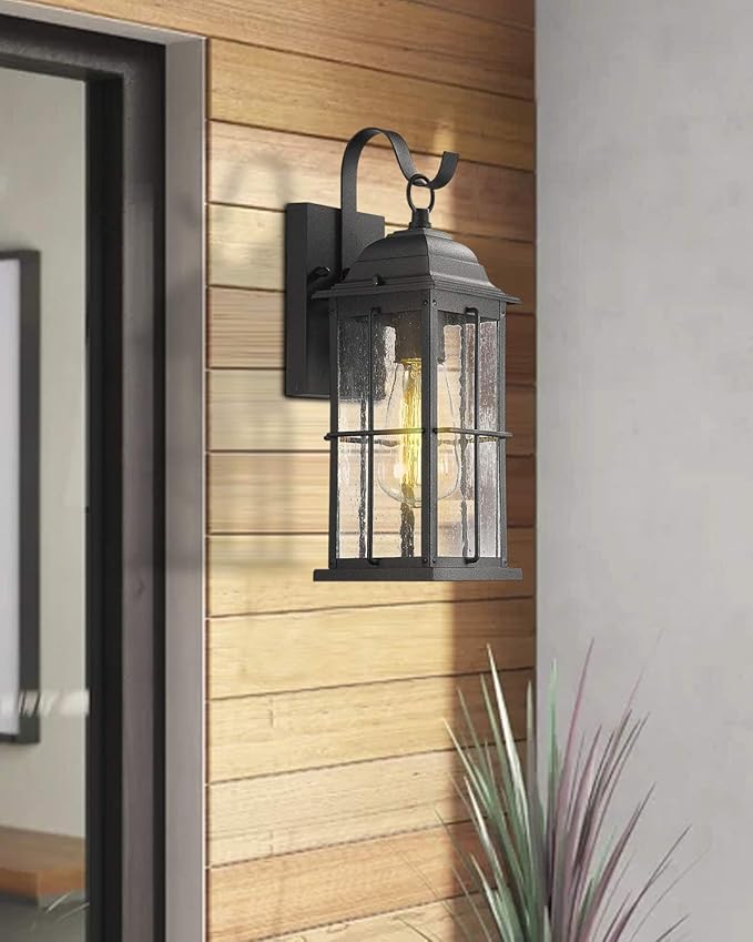 zeyu 1-Light Outdoor Wall Sconce Lantern, 14 inch Exterior Light Fixtures Wall Mount in Black Finish with Seeded Glass Shade, 20071B1