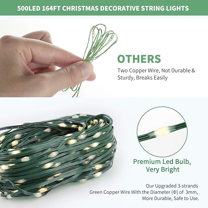 Tcamp 164FT 500 LED Red Christmas Lights, 8 Modes Christmas Tree Lights with Timer Memory Function, Green Wire Starry Fairy String Light for Xmas Tree Outdoor Indoor Decor