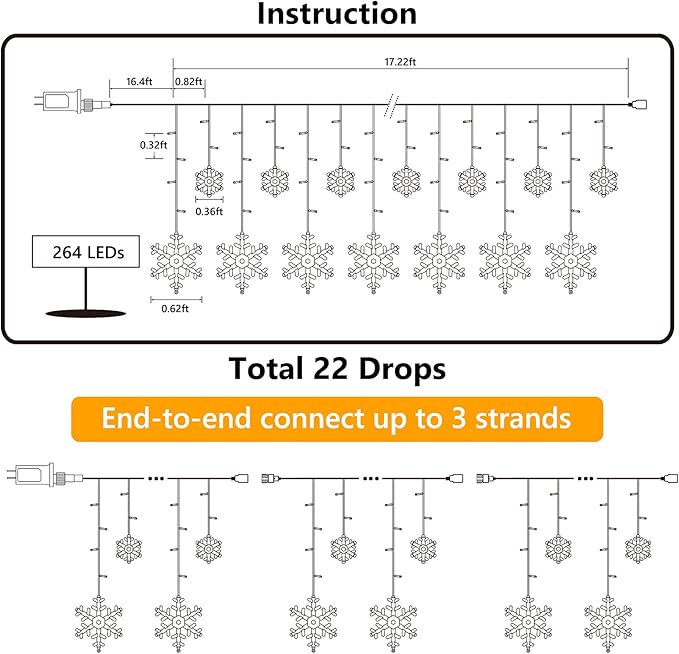 Toodour Christmas Snowflake Lights Outdoor, 17.22ft 264 LED Snowflake Icicle Lights with 22 Drops, Connectable, 8 | Lumora
