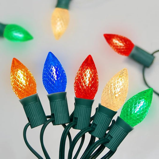 SUNSGNE 25FT Outdoor Christmas String Lights with 25 C7 LED Diamond Shatterproof Colored Bulbs, Multicolor Christmas Lights for Patio Yard Porch Balcony Gazebo Party Decorations, Green Wire
