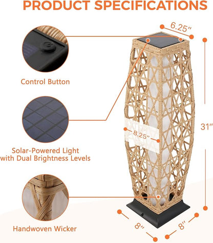 Grand patio Outdoor Floor Lamp Solar Lantern, Water-Resistant Natural Wicker Boho Patio Light with 50/100 Lumens Dual Brightness & Memory Mode for Garden Porch Deck Decor, Large Cindy Natural