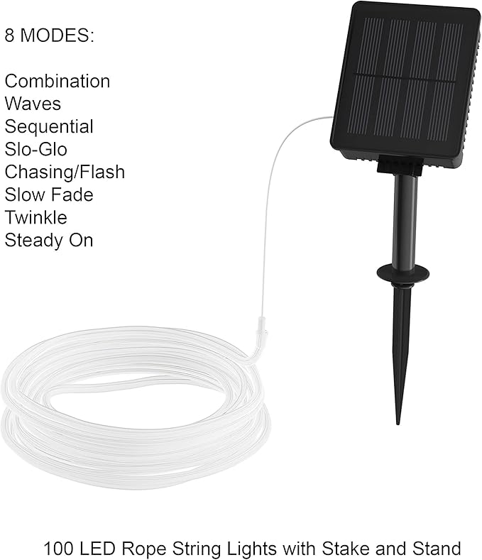 Outdoor Solar Rope Light- Solar Powered Cable String 100 LED Lights with 8 Modes for Patio, Backyard, Garden, Events by Pure Garden (Cool White)