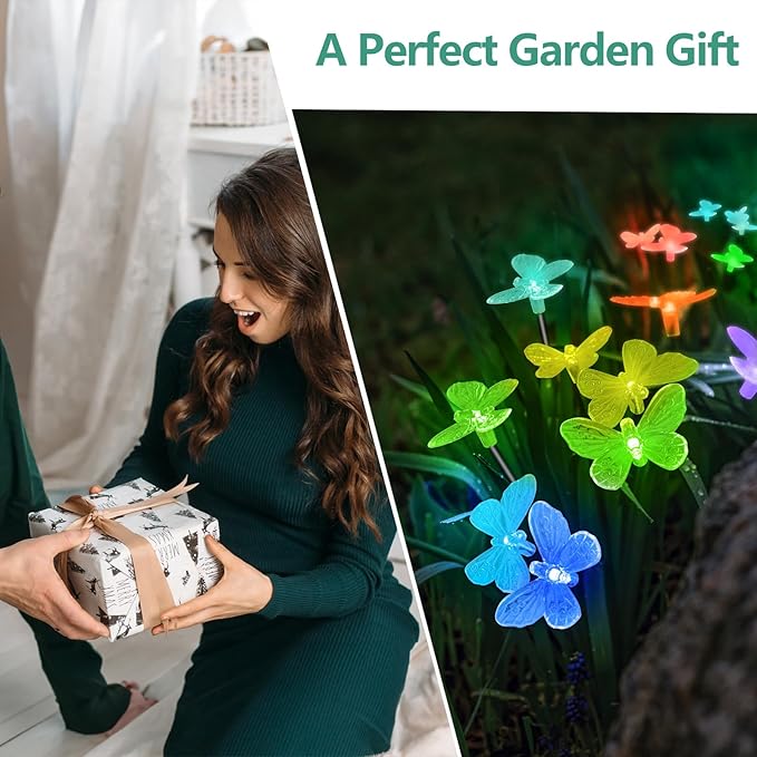 Solar Lights for Outside, RGB Breathing 12 Butterfly Solar Garden Lights - Outdoor Waterproof, Daisy Chained, Perfect for Yard Pathway Patio - 2 Pack