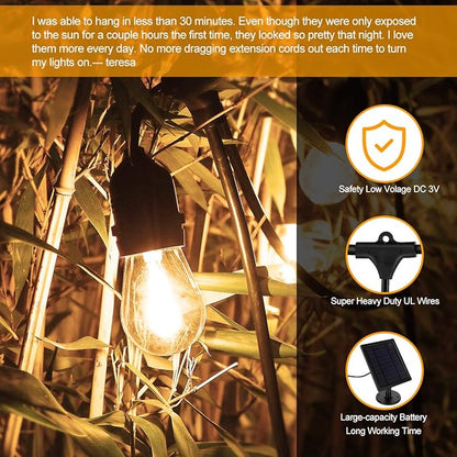 Fule Solar String Lights,S14 LED Outdoor String Light 48FT Heavy Duty,15 Hanging Sockets,1W Plastic Vantage Bulbs,Create Ambiance for Backyard Party Decoration/Cafe/Garden/Patio
